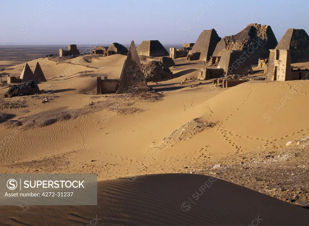 Situated a short distance east of the Nile, the ancient pyramids of Meroe are an important burial ground of thirty kings, eight queens and three princes of the Kingdom of Cush who reigned during the Afro Egyptian Meroitic period roughly between 300BC and 300AD.