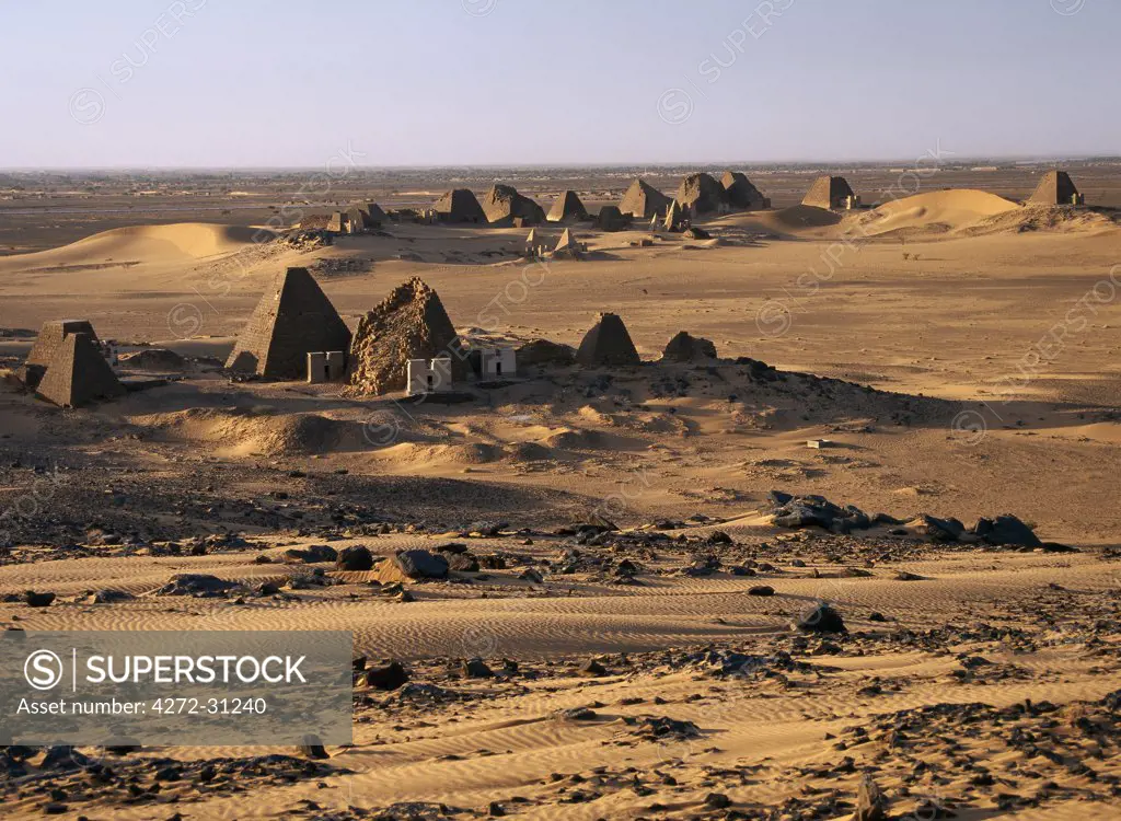 Situated a short distance east of the Nile, the ancient pyramids of Meroe are an important burial ground of thirty kings, eight queens and three princes of the Kingdom of Cush who reigned during the Afro Egyptian Meroitic period roughly between 300BC and 300AD.