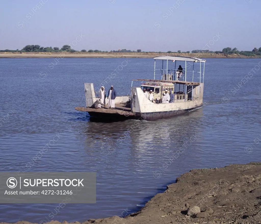 A small ferry crosses the Nile at Meroe.  This ferry was built at Belgium shipyards in 1961