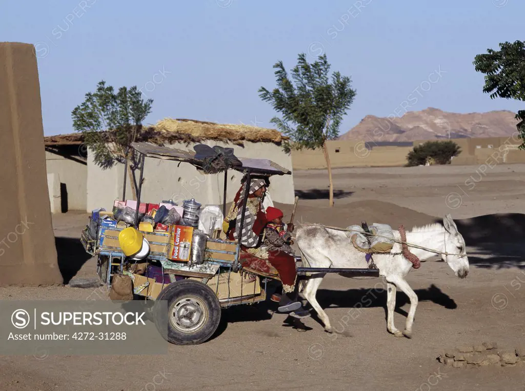 A merchant plies his trade from a donkey cart in the small village of Soleb, close to the River Nile.