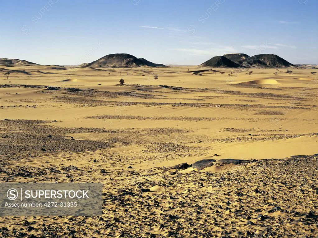 The magnificent desert scenery in the far southwest of the Bayuda Desert has been created by the erosion of sedimentary rock, which in places is highly oxidised This desert is an extension of the great Sahara Desert.