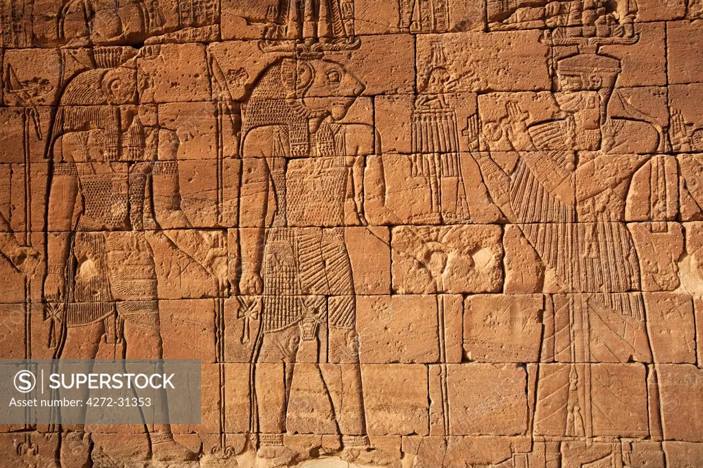 Sudan, Nagaa. The hieroglyphics on the Lion Temple at Nagaa.