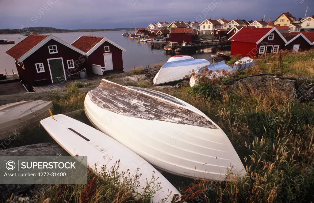 Sweden, Vastra Gotaland, Bohuslan Coast, Karingon. Holiday homes and cabins line the shoreline of Karingon Island, one of west Sweden's most popular summer holiday retreats.