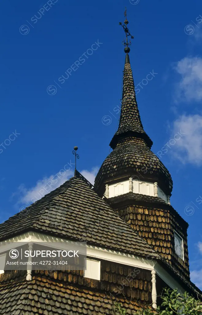 Sweden, Jamtland, Vemdalen. Built in the 1760s, the rococo-style octagonal church of Vemdalen with wooden shingle tiles is among the best-known country churches in Sweden.