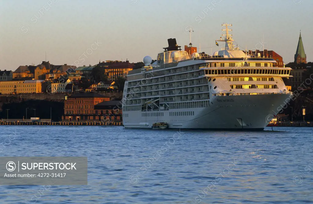 Sweden, Stockholm. Cruise liner 'The World' anchors at Stockholm.