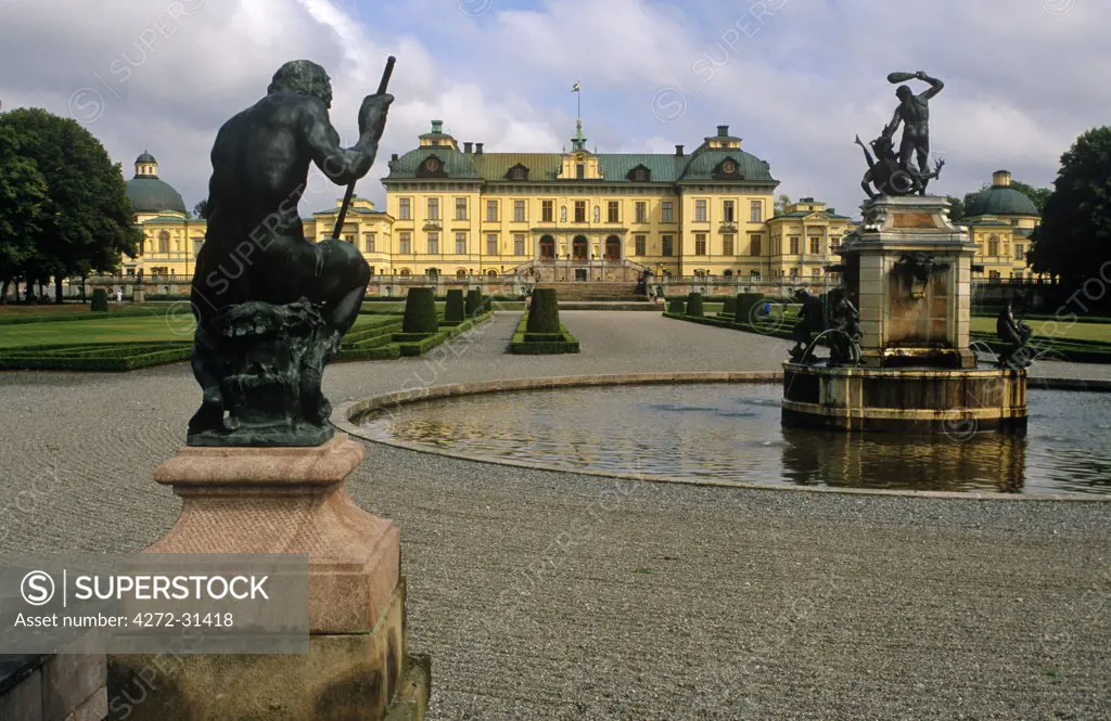 Sweden, Near Stockholm, Drottningholm Palace.  The 17th-century royal palace is regularly used by the Swedish royal family and is one of the capital's main attractions.