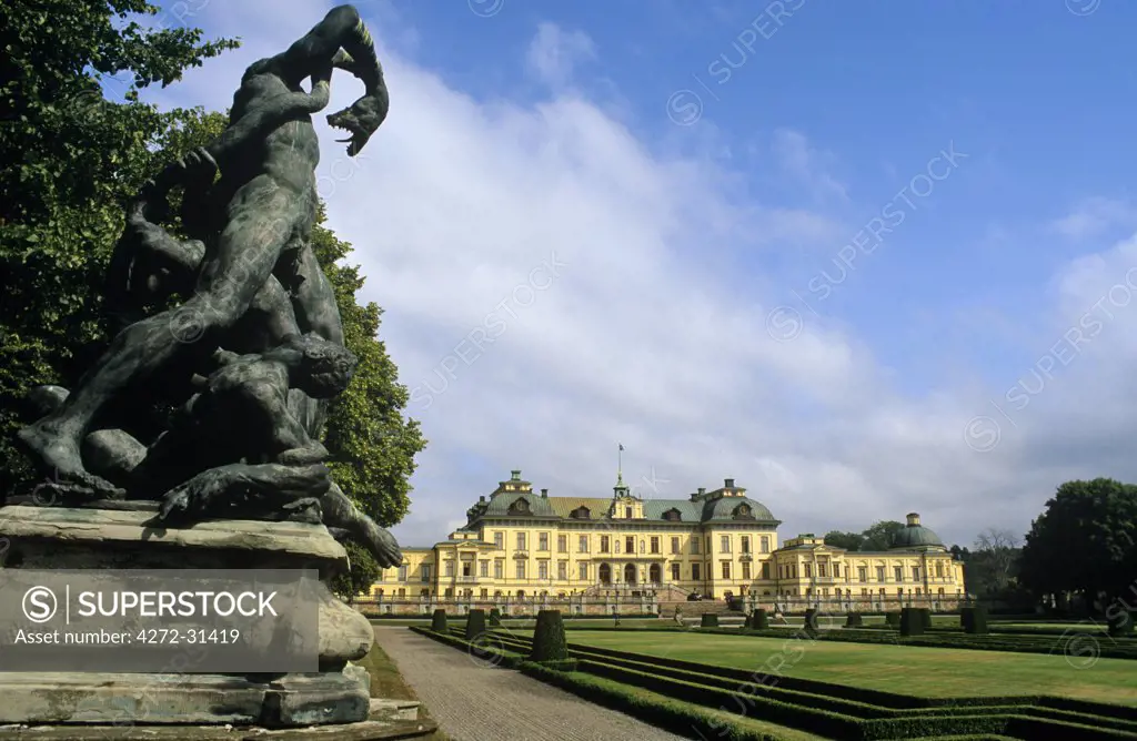 Sweden, Near Stockholm, Drottningholm Palace.  The 17th-century royal palace is regularly used by the Swedish royal family and is one of the capital's main attractions.