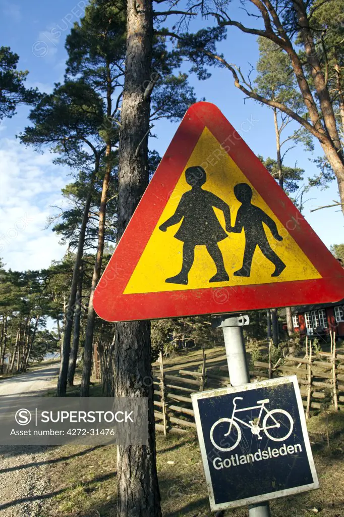 Sweden, Island of Gotland.  The island is perfect for cycling with very flat terrian, Gotlandsleden, the bicycle trail that circumnavigates the island is featured on a signpost
