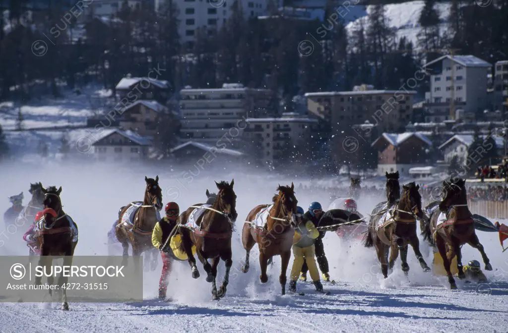 Skijoring (Skiing behind a galloping horse) on the frozen lake at St Moritz