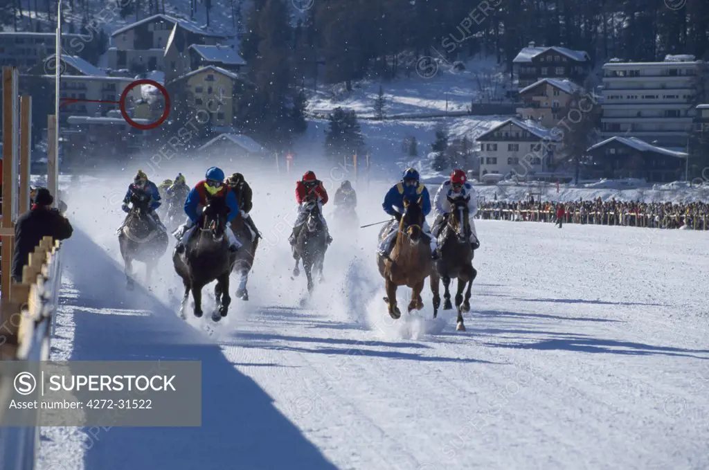 Flat Horse racing on the frozen lake at St. Moritz known as White Turf.