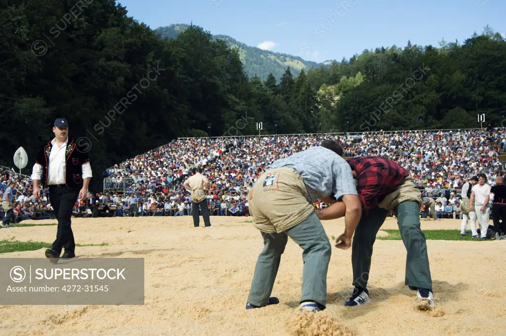 Alpine wrestling at the Unspunnen Bicentenary Festival, a traditional mountain and alpine competition, Interlaken, Jungfrau Region, Switzerland
