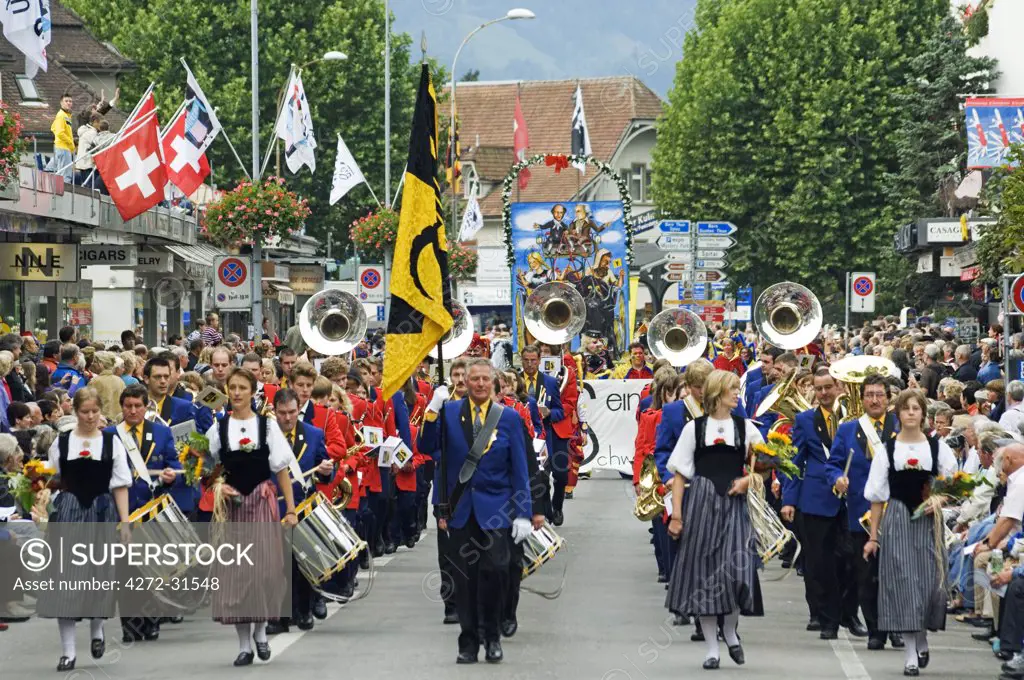 A marching band parade at the Unspunnen Bicentenary Festival, Interlaken, Jungfrau Region, Switzerland