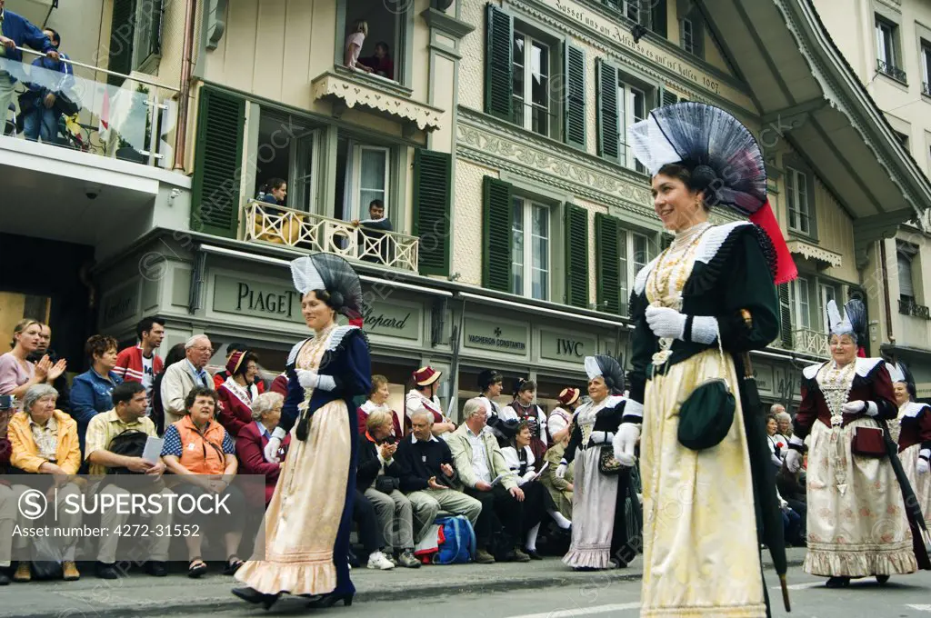 Women in traditional costume parading at the Unspunnen Bicentenary Festival, Interlaken, Jungfrau Region, Switzerland
