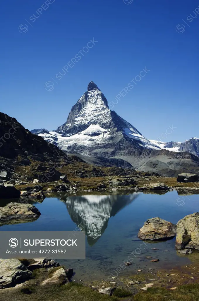 The Matterhorn (4477m) reflection in a small Lake, Zermatt, Valais, Switzerland