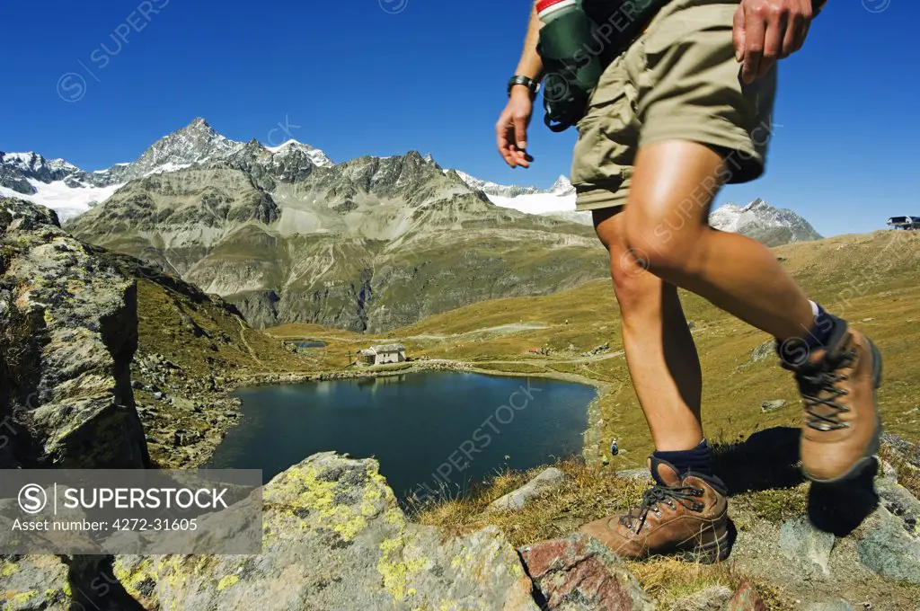 Hiker on trail above lake at Schwarzee Paradise (MR), Zermatt, Valais, Switzerland