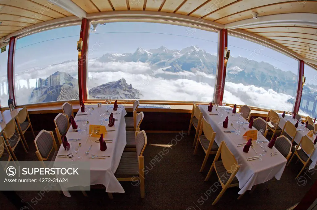 Switzerland, Bernese Oberland, Schilthorn. Revolving restaurant on the viewing gallery at Schilthorn.