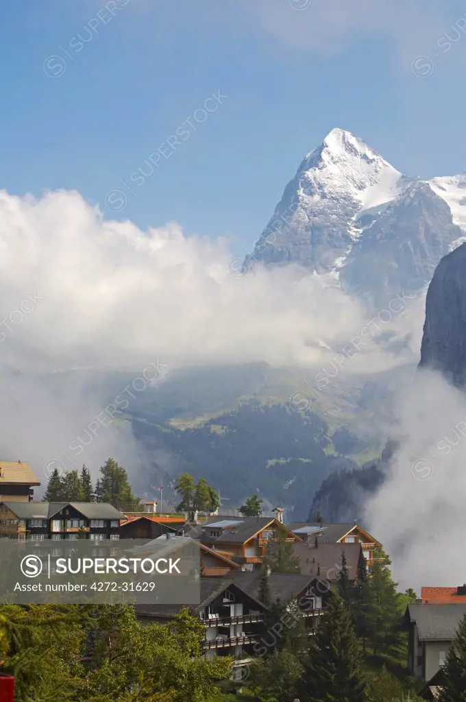 Switzerland, Bernese Oberland, Murren. View of the village of Murren from the Alpenruh Hotel.