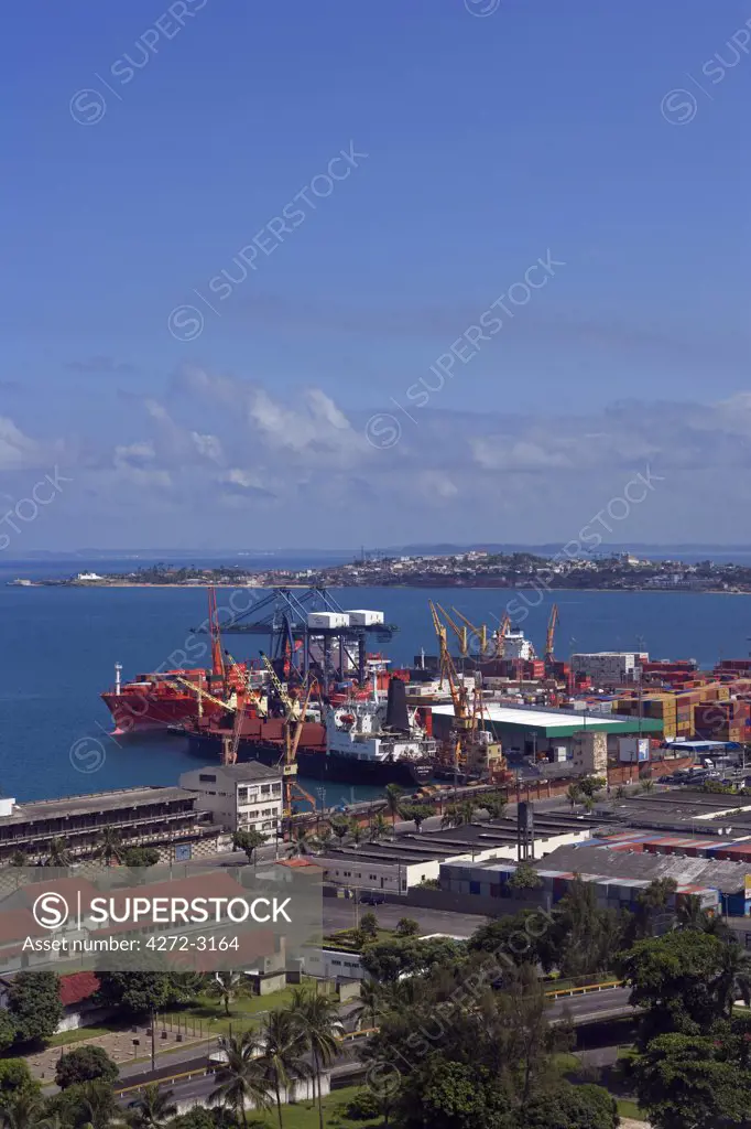 Brazil, Bahia, Salvador. The city of Salvador looking down from the Cidade Alta, or the higher city, down onto the modern port area with its berths and shipping.