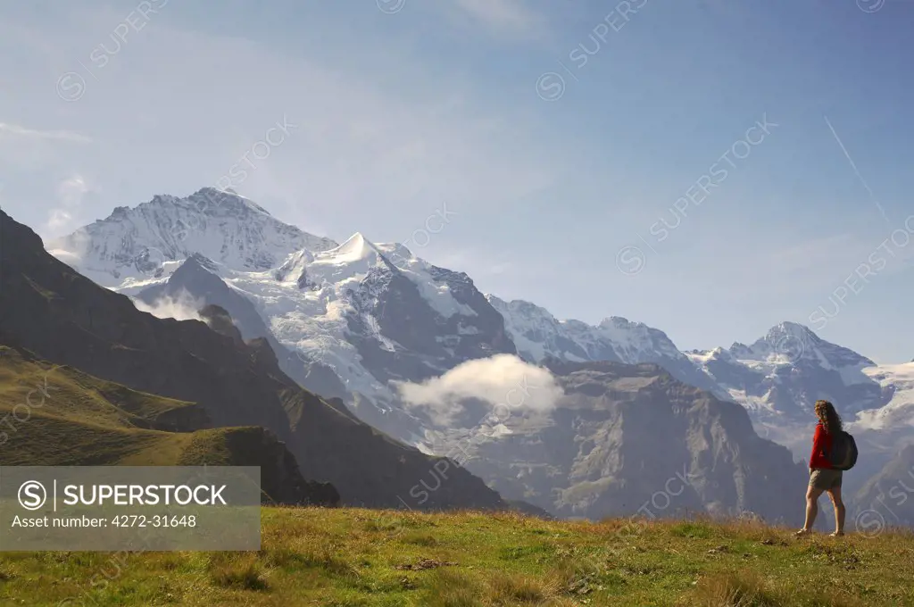 Switzerland, Bernese Oberland,  Mannlichen. Tourist viewing the Eiger and Jungfrau mountain ranges from Mannlichen.