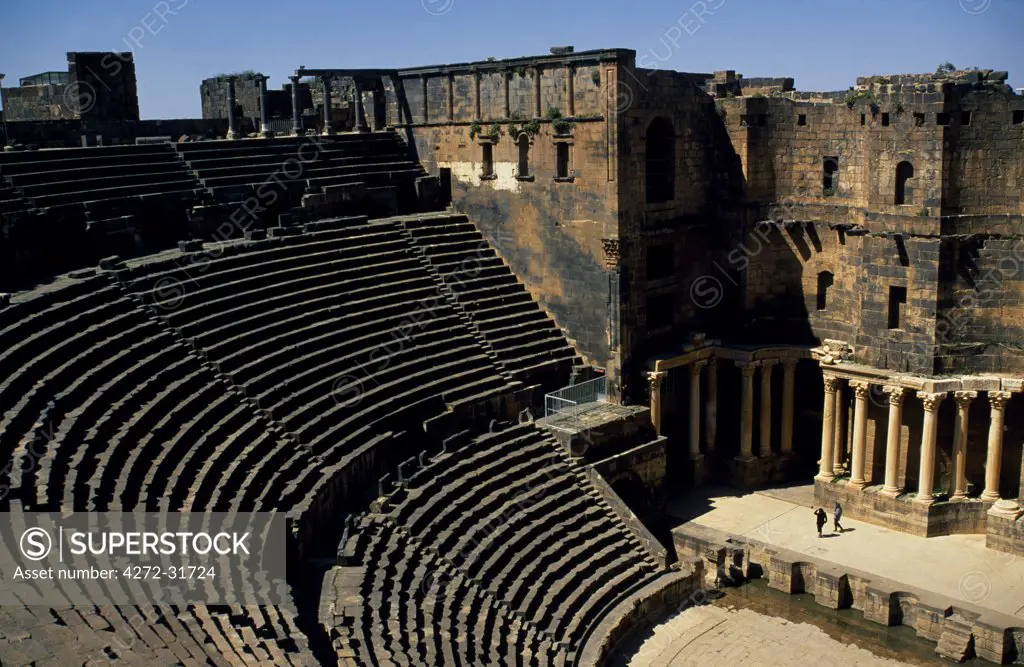 Originally built by the Romans, Bosra's 15,000 seat amphitheatre was gradually fortified from the 7th century on by successive Arab dynasties; it remains among the best preserved Roman theatres.
