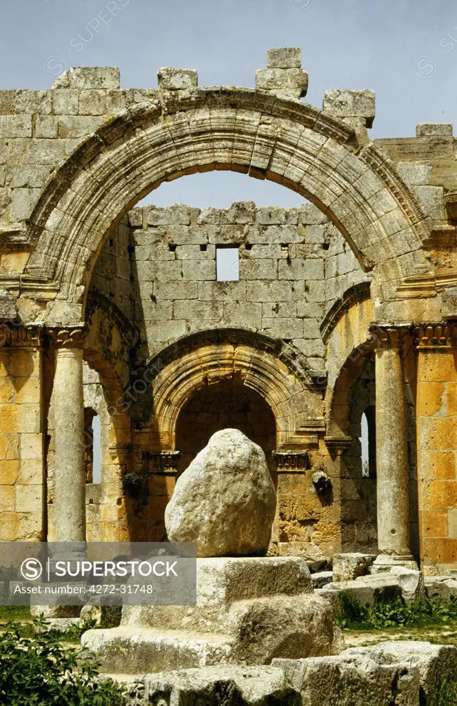 Of questionable provinance, a modest boulder is all that remains of the 18m tall pillar upon which Simeon the Stylite stood for 38 years in the 5th century.  The subsequent church that developed around it was later fortified in the 10th century.