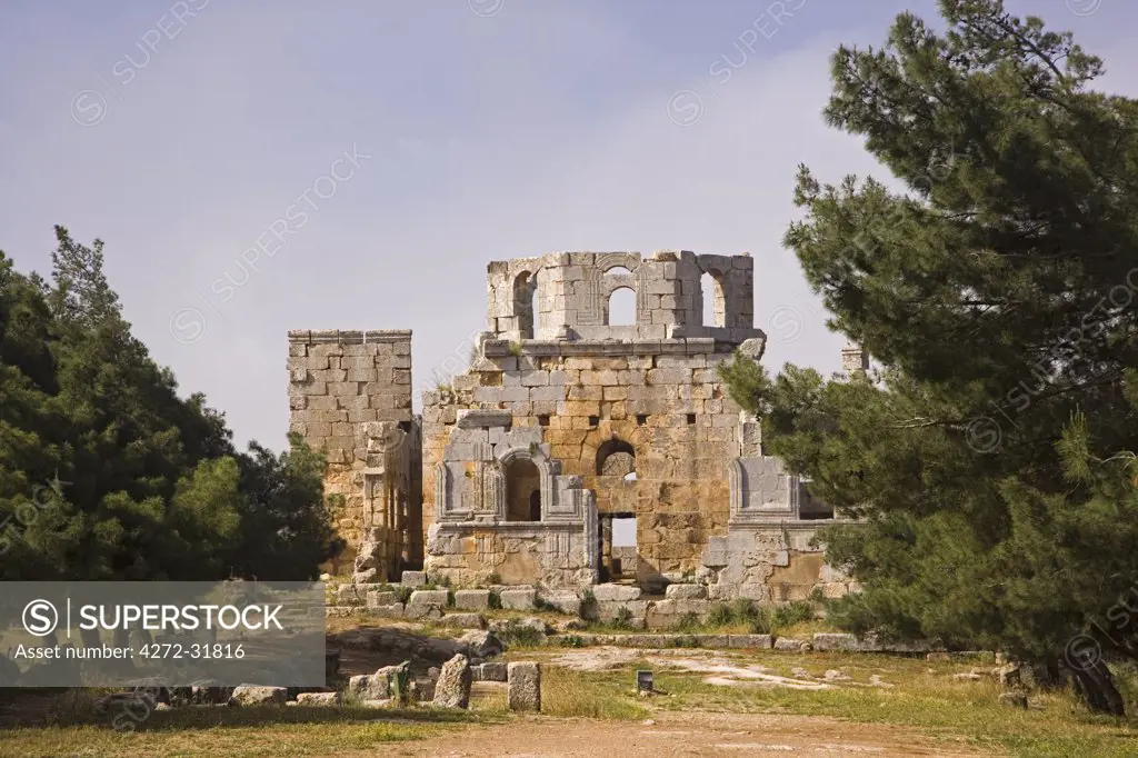 The ruins of the Basilica of St Simeon Stylites the Elder in the hills near Aleppo. St Simeon stood on top of a pillar for 30 years until his death in 459AD. The Basilica was built around the pillar, the remains of which can still be seen.
