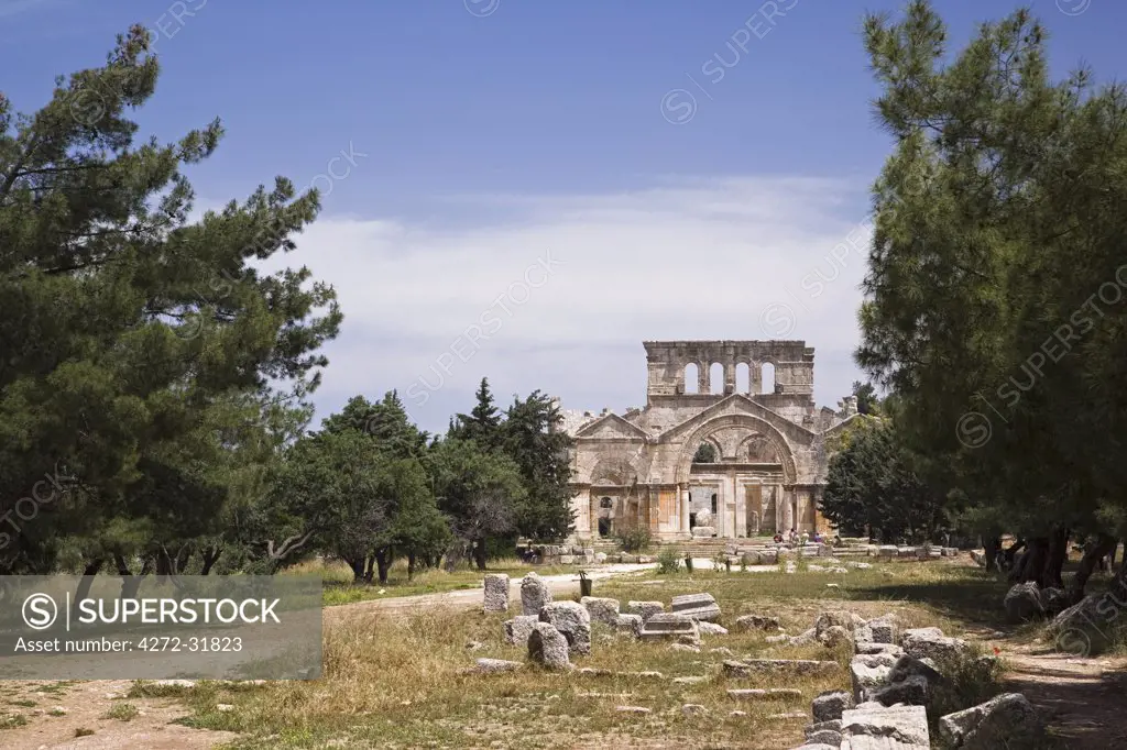 The ruins of the Basilica of St Simeon Stylites the Elder in the hills near Aleppo. St Simeon stood on top of a pillar for 30 years until his death in 459AD. The Basilica was built around the pillar, the remains of which can still be seen.