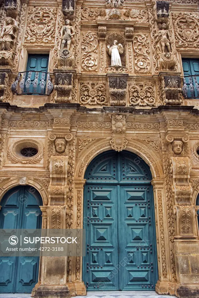 Brazil, Bahia, Salvador. Within the historic Old City, a UNESCO World Heritage site, detail of the elaborate front facade of the Sao Francisco Church and Convent of Salvador.