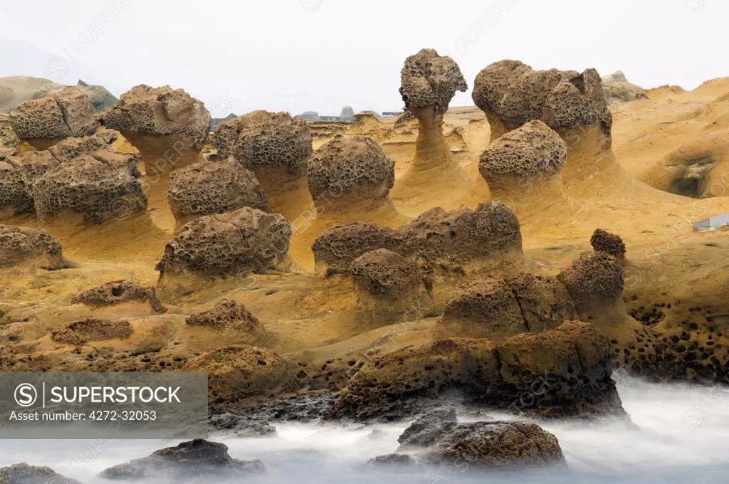 Yehliu is a peninsula on the North Coast of Taiwan, between Taipei and Keelung. It is famous for the coastal rock formations carved by sea erosions.