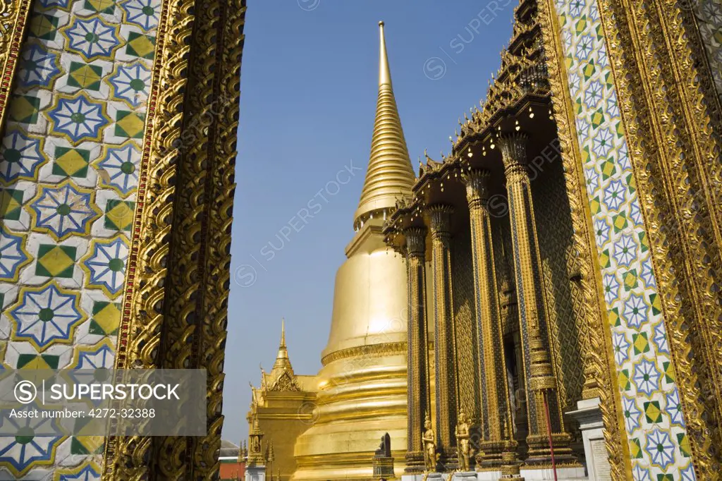 Thailand, Bangkok.  Temple architecture at Wat Phra Kaew (Temple of the Emerald Buddha).