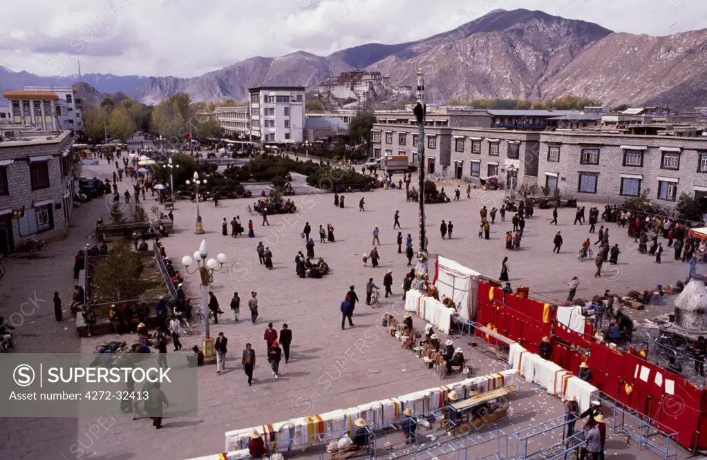 Barkhor Square taken from the top of the Jokhang Temple. The Barkhor is essentially a pilgrim circuit that is followed clockwise round the periphery of the Jokang Temple