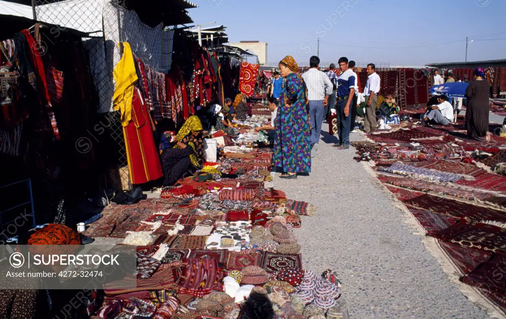 Carpets and rugs laid out for sale at  the Tolkuchka Bazaar