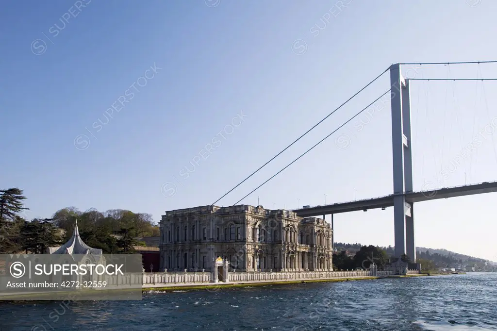 The Baylerbeyi Palace stands on the Asian side of the Bosphorus at Istanbul, Turkey, underneath the giant Ataturk Bridge.