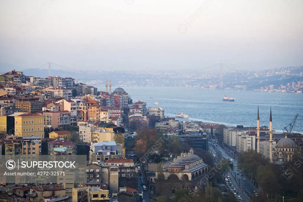 View across fashionable Beyoglu and the Bosphorus to Ataturk Bridge, Istanbul