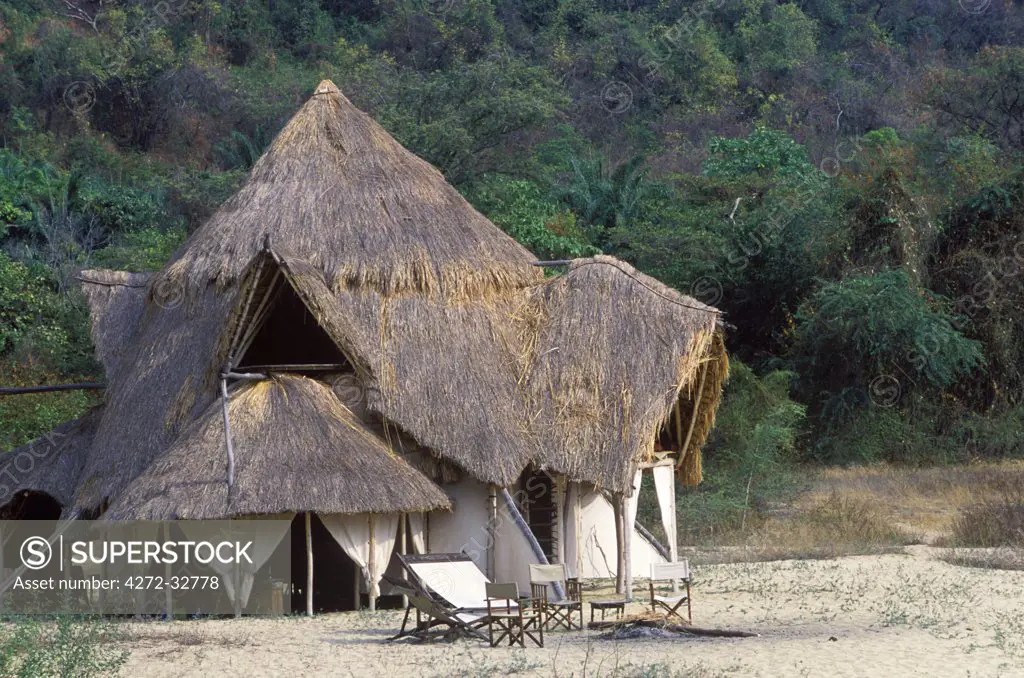 Africa, Tanzania, Mahale Mountains. The main mess tent at Greystoke Camp on Lake Tanganyika shore