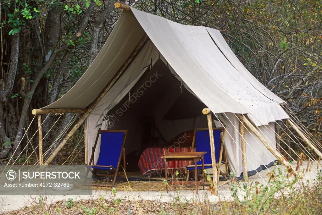 Africa, Tanzania, Mahale Mountains. A guest tent at Greystoke Camp on the shore of Lake Tanganyika.