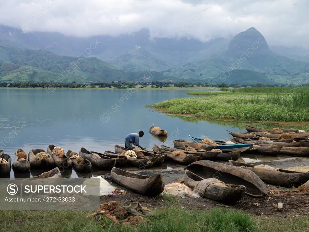 Dugout canoes used for fishing in the lake at the foot of the Uluguru Mountains, just outside Morogoro.