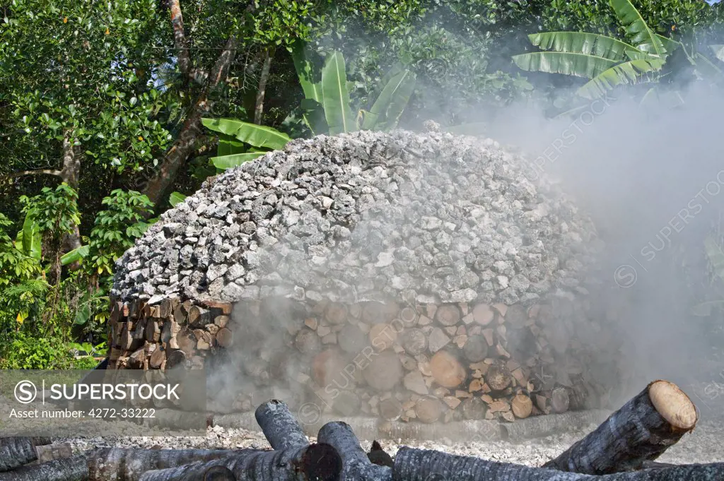 Tanzania, Zanzibar. A large wood fire burns heaped coral rock to produce lime for plastering the walls of houses.