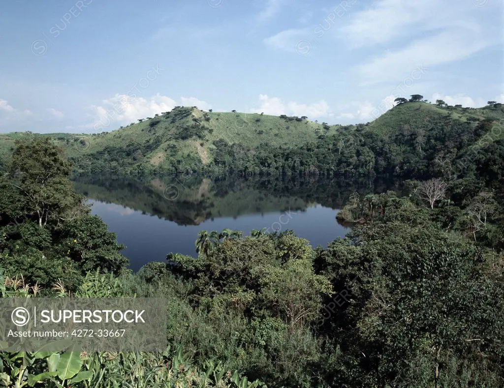 About thirty crater lakes of recent volcanic origin _ probably about 7,000 years old - lie in a beautiful, fertile area south of Fort Portal, a short distance west of the Kibale Forest.  This picture shows one of them.