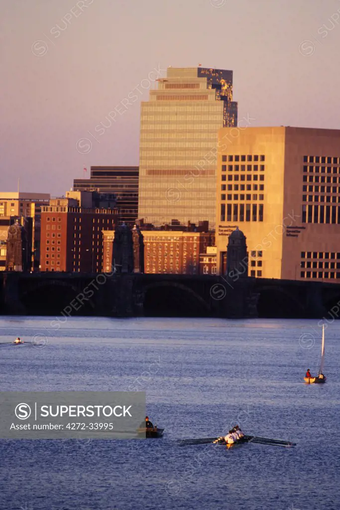 The Charles River with the Boston skyline at sundown.