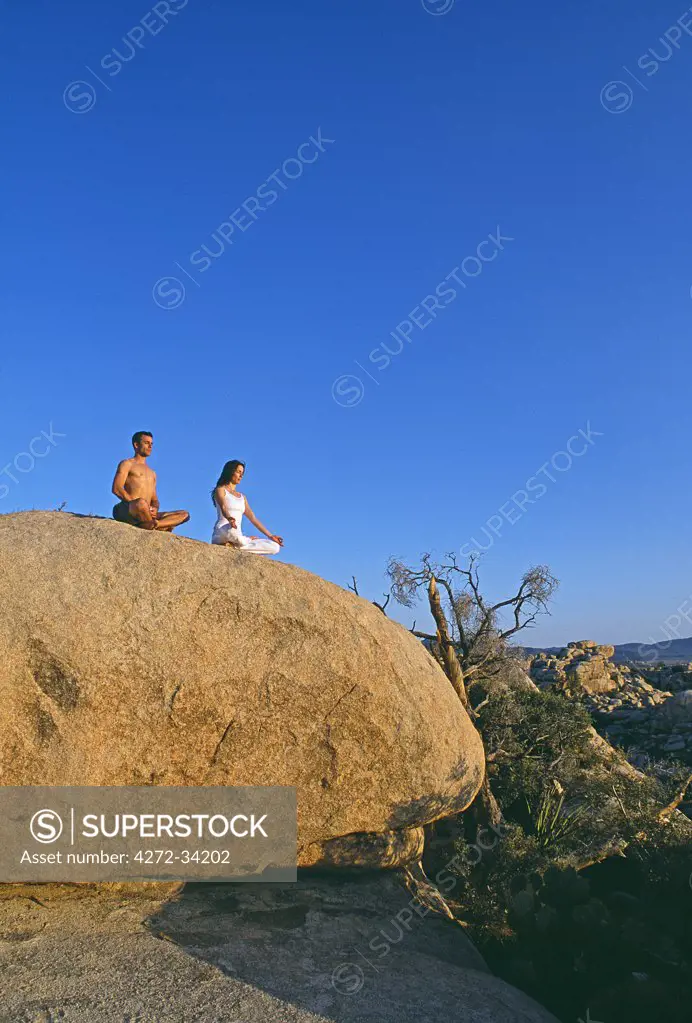 Yoga in the Joshua Tree National Park, the male is meditating in the 'Sukhasasana', easy pose whilst the female is meditating in the 'Padmasana' half lotus pose. This is one of the most useful and important poses, it is used for meditation and the Buddha is often depicted in it.