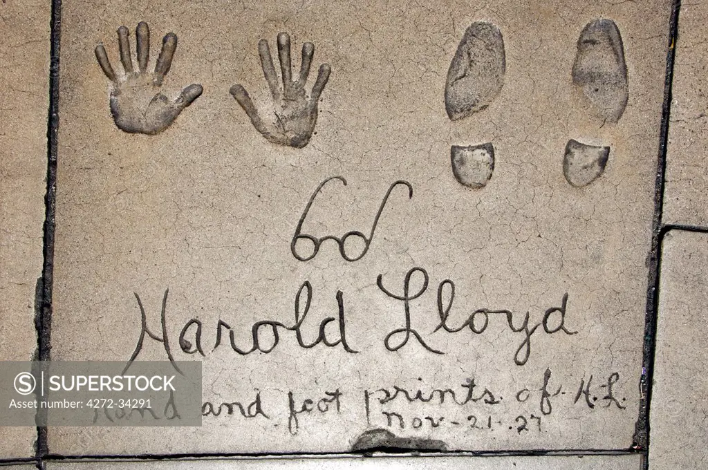 USA, California, Los Angeles. Hollywood - Walk of Fame. Hand prints and signatures of the rich and famous - Harold Lloyd.