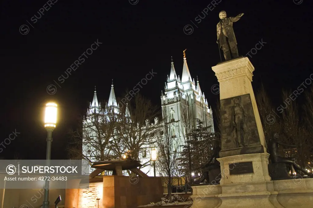 USA, Utah, Salt Lake City. Mormon Theatre Monument in Honour of Brigham Young and the Pioneers