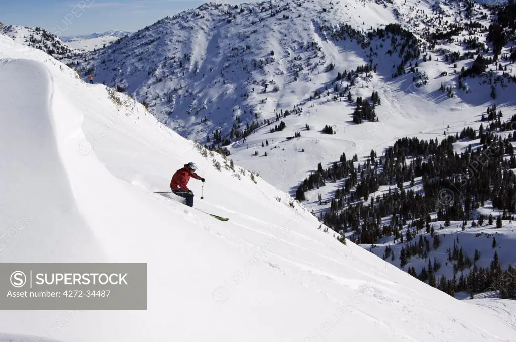 USA Utah Salt Lake City Alta Ski Resort Off Piste Skier, one of the only resorts in America for skiers only