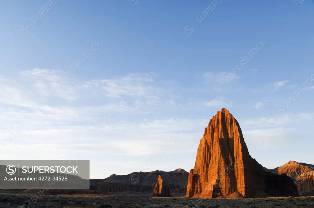 USA, Utah, Capitol Reef National Park. Cathedral Valley sunrise at the Temple of the Sun and smaller Temple of the Moon