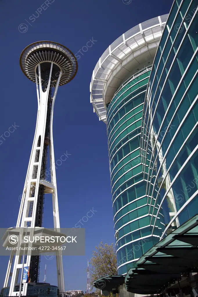 United States of America, Washington, Seattle, Belltown, the Seattle Space Needle and a commercial office building seen from 4th Avenue North in Seattle, Washington, United States of America