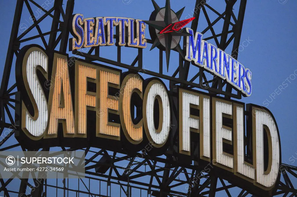 United States of America, Washington, Seattle, neon sign in Safeco Field, home of the Seattle Mariners baseball team.