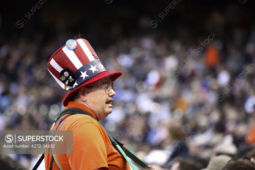 United States of America, Washington, Seattle, a hawker sells refreshments in Safeco Field, home of the Seattle Mariners baseball team.