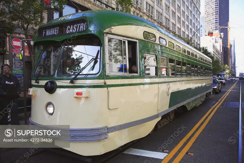 United States of America, California, San Francisco, one of San Francisco's colourful street cars in Downtown San Francisco.