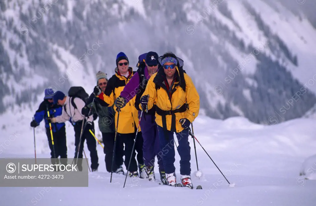 Canada, British Columbia. Ski-mountaineering in the Selkirk mountains. The Selkirk Mountains are a mountain range spanning the northern portion of the Idaho Panhandle, eastern Washington, and southeastern British Columbia.